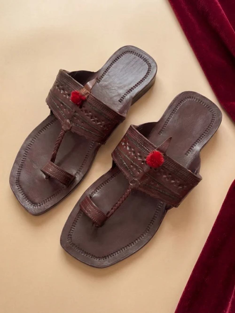 Brown leather kolhapuri sandal with Red Pom Accent